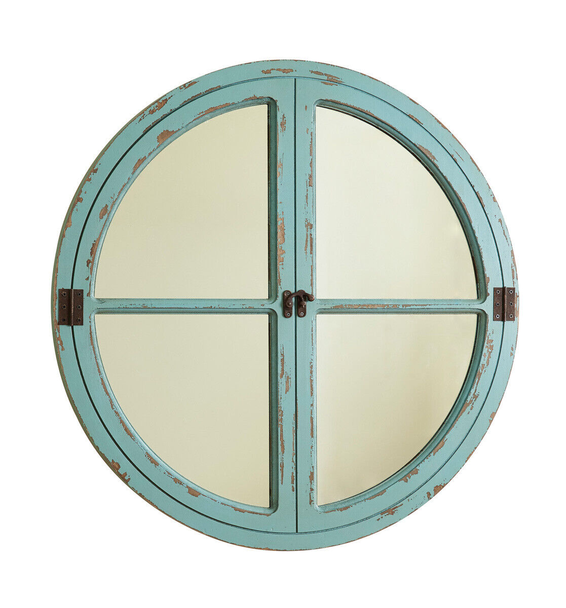 Round Wall Mirror Blue Window Distressed Wood