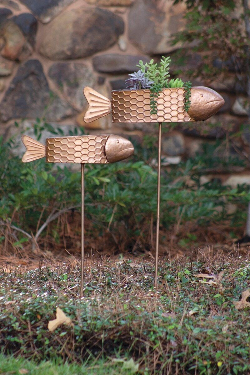 Fish Planter Garden Stake Set of 2 Planters Metal Garden Art Decor (image for) Fish Planter Garden Stake Set of 2 Planters Metal Garden Art Decor