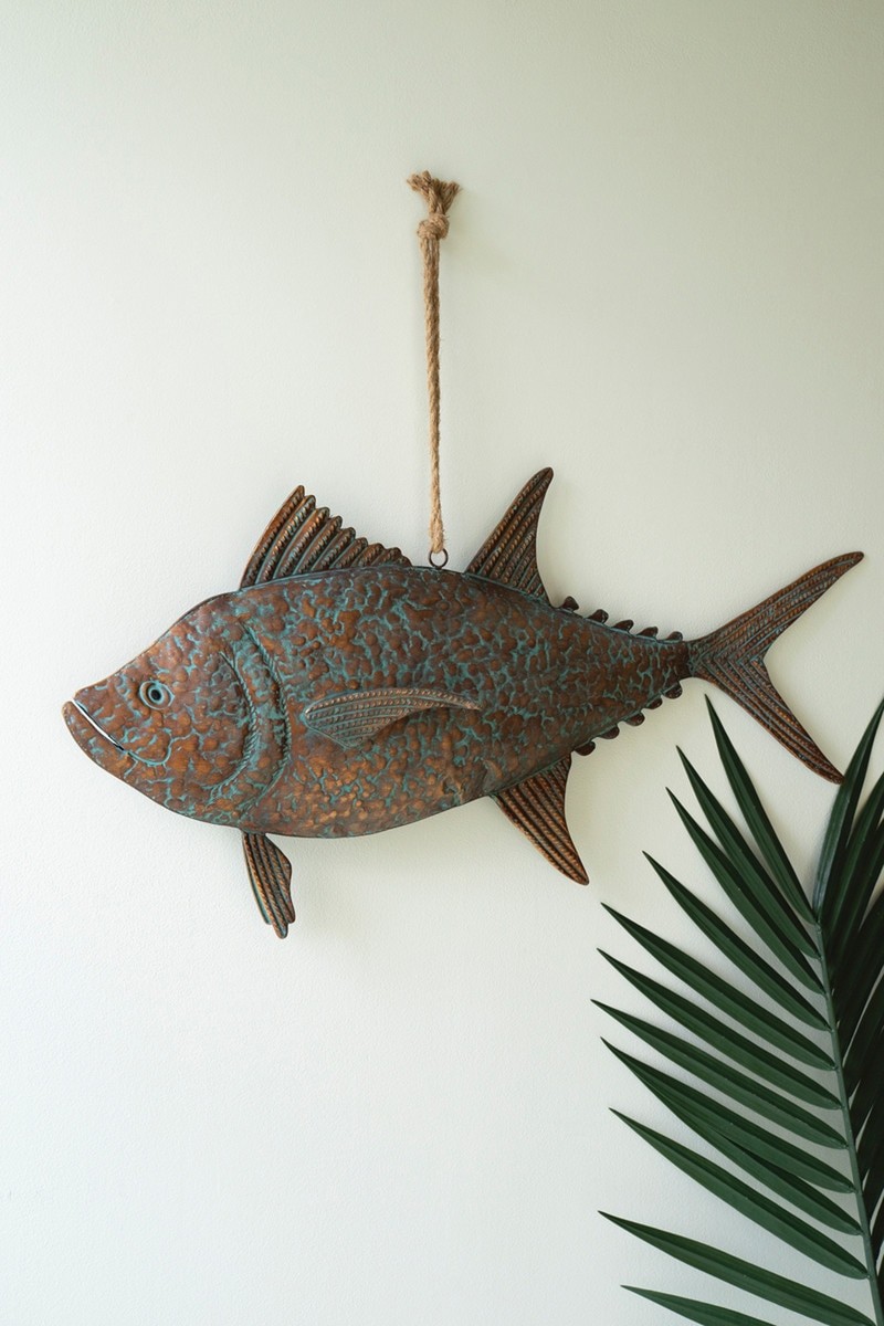 Metal Tuna Fish Wall Sculpture on Rope Double Sided Aged Copper 36" (image for) Metal Tuna Fish Wall Sculpture on Rope Double Sided Aged Copper 36"