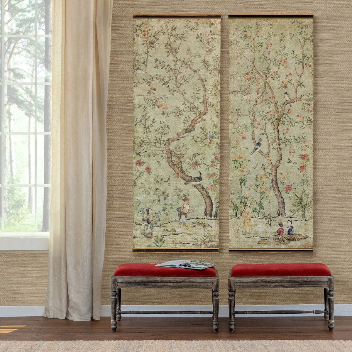 Asian Scroll Wall Art Hanging Set of 2 Antique Vintage Style 77.75" (image for) Asian Scroll Wall Art Hanging Set of 2 Antique Vintage Style 77.75"