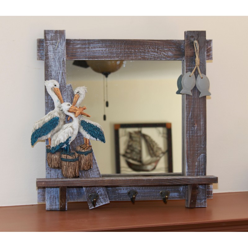 Pelicans & Fish Mirror with Hooks