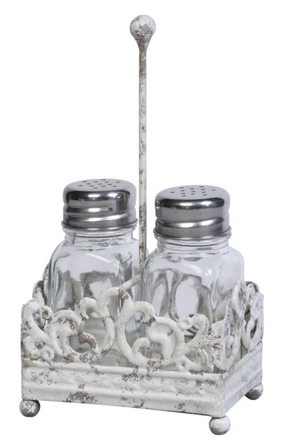 Metal Salt & Pepper Shakers and Caddy