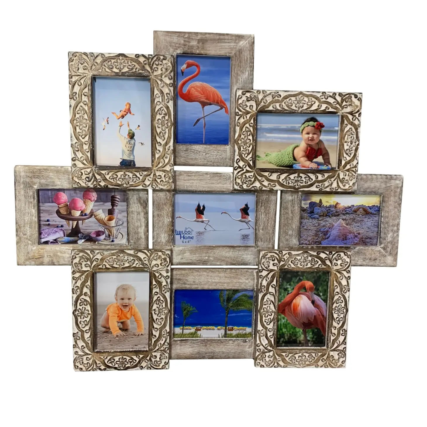 9 Photo Frame Collage 4x6 Wood Wall Art Hand Carved