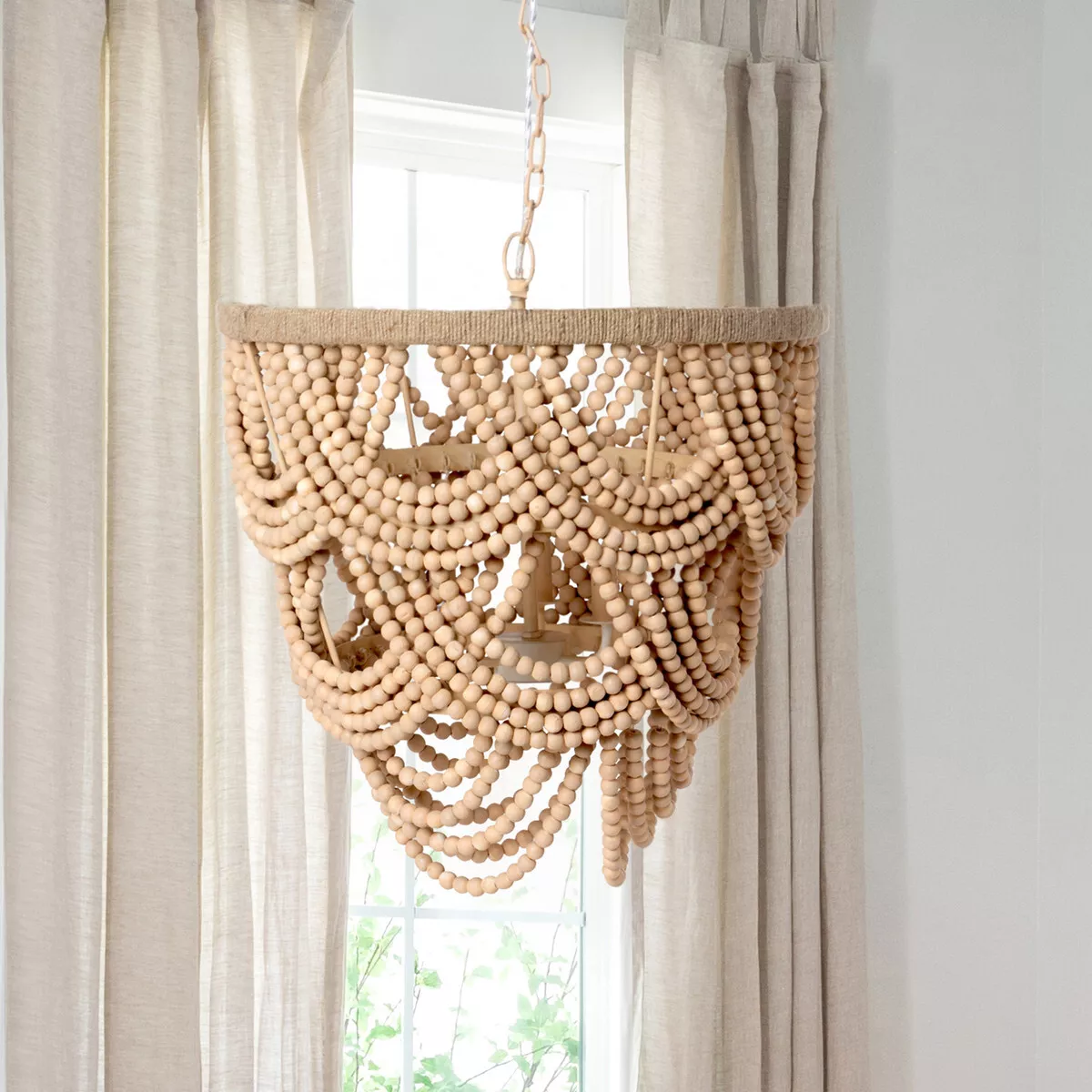 Chandelier Wood Beaded Draped Ceiling Light Fixture - Click Image to Close