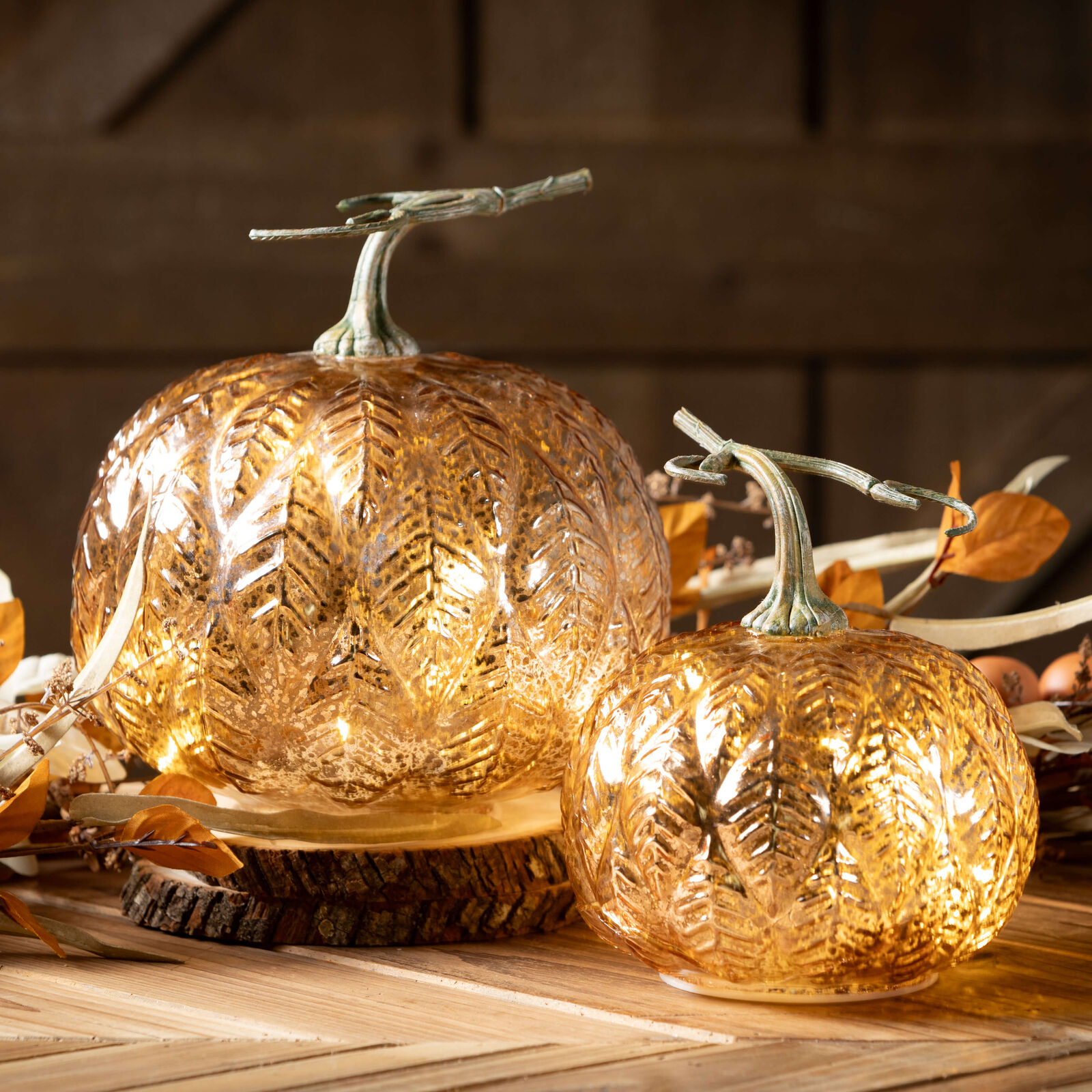 (image for) Glass Pumpkin Set of 2 Gold Pumpkins with Lights