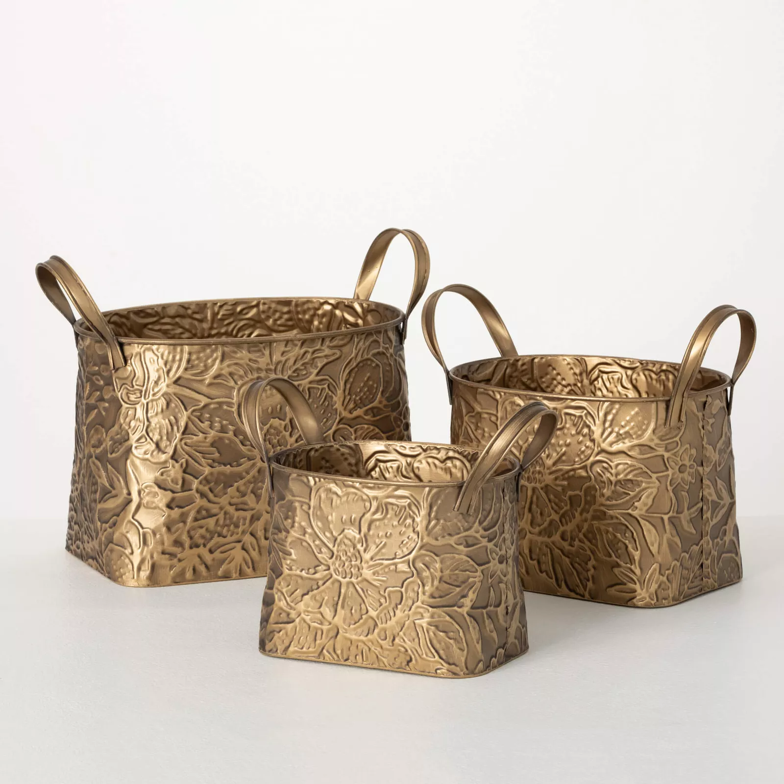 (image for) Floral Metal Basket Planter Set of 3 Embossed Brass Finish