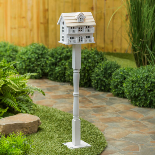 Bird House with Post Stand White Wood