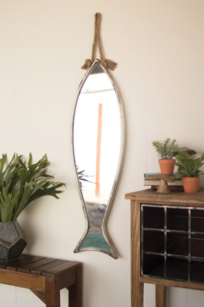 Distressed Wood Fish Hanging Mirror on Rope