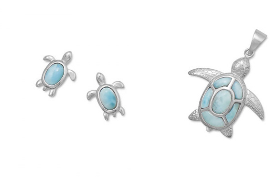 Sea Turtle Larimar Stone Set Earrings and Pendant